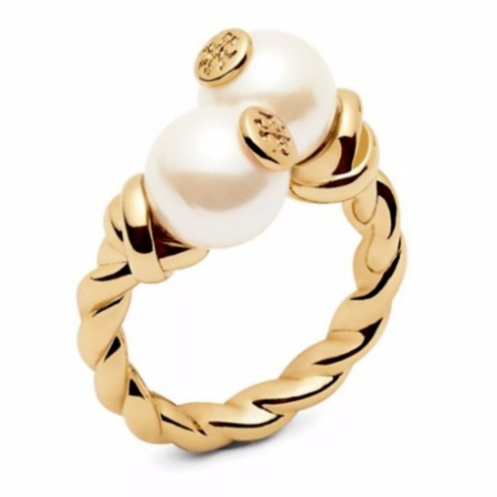 ★ Tory Burch Rope Logo Faux Pearl Gold Ring Size 8 - Picture 2 of 7